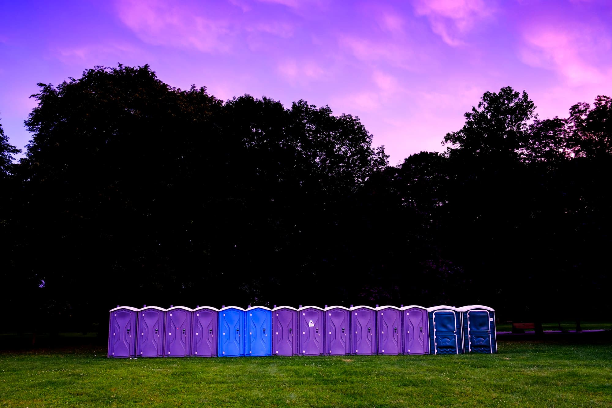 Portable restrooms at an evening concert